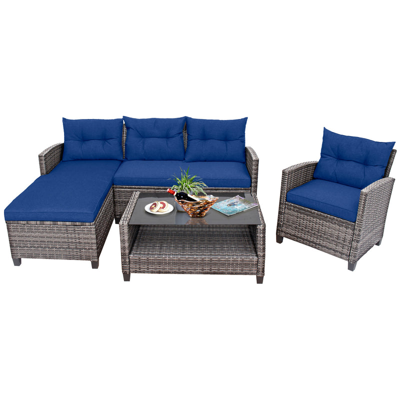 Costway - 4 Pieces Patio Rattan Sofa Furniture Set with Cushion and 2-Tier Coffee Table-Navy