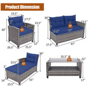 Costway - 4 Pieces Patio Rattan Sofa Furniture Set with Cushion and 2-Tier Coffee Table-Navy