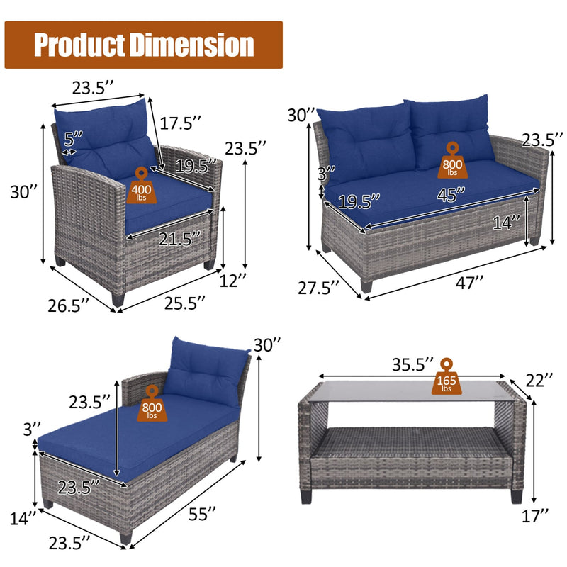 Costway - 4 Pieces Patio Rattan Sofa Furniture Set with Cushion and 2-Tier Coffee Table-Navy