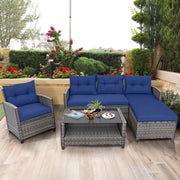 Costway - 4 Pieces Patio Rattan Sofa Furniture Set with Cushion and 2-Tier Coffee Table-Navy