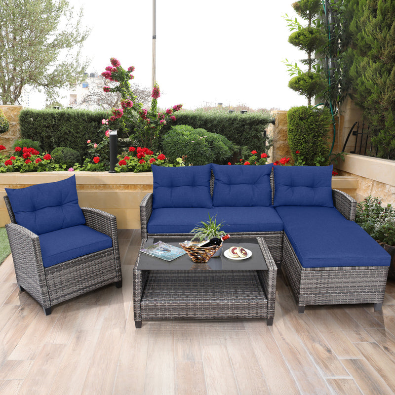 Costway - 4 Pieces Patio Rattan Sofa Furniture Set with Cushion and 2-Tier Coffee Table-Navy