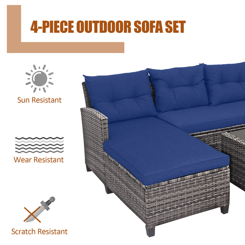 Costway - 4 Pieces Patio Rattan Sofa Furniture Set with Cushion and 2-Tier Coffee Table-Navy