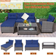 Costway - 4 Pieces Patio Rattan Sofa Furniture Set with Cushion and 2-Tier Coffee Table-Navy