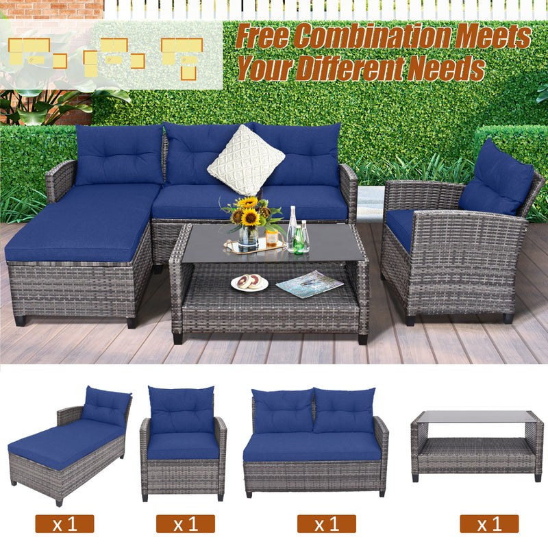 Costway - 4 Pieces Patio Rattan Sofa Furniture Set with Cushion and 2-Tier Coffee Table-Navy