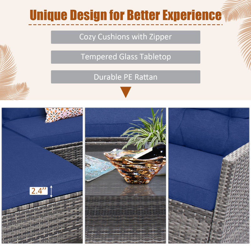 Costway - 4 Pieces Patio Rattan Sofa Furniture Set with Cushion and 2-Tier Coffee Table-Navy