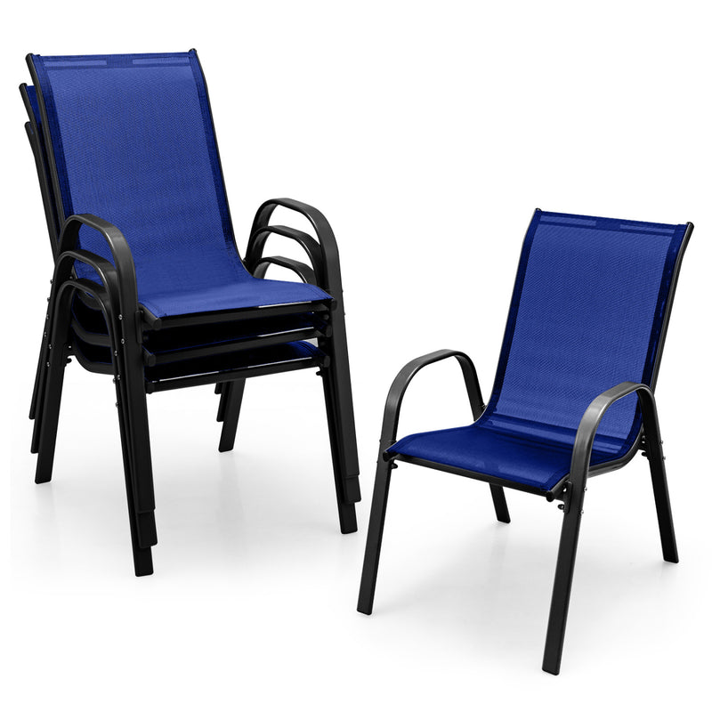 Costway - 4 Pieces Stackable Patio Dining Chairs Set with Armrest-Navy