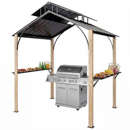 Outsunny - 8 x 6ft Hardtop Grill Gazebo, BBQ Gazebo with Metal Double Roof, Outdoor Grill Canopy with Wood-Grain Aluminum Frame