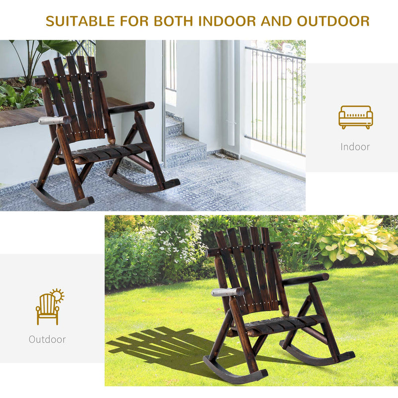 Outsunny - Outdoor Rocking Chair, Wooden Adirondack Outdoor Rocker with High Back, Slatted Seat, Oversized Rustic Patio Rocking Chair for Garden, Porch, Yard, Balcon, Dark Carbonized