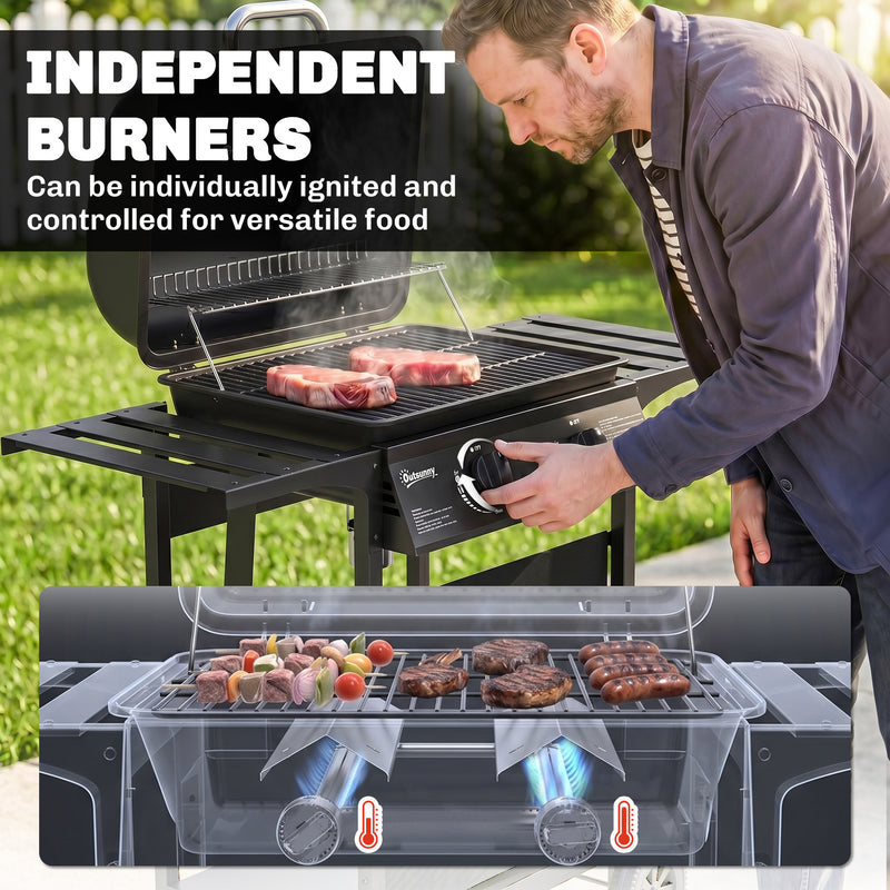 Outsunny - 2-Burner Propane Gas Grill, 18000 BTU BBQ Grill with Wheels, Warming Rack, Shelf, Thermometer, Grease Cup, Black