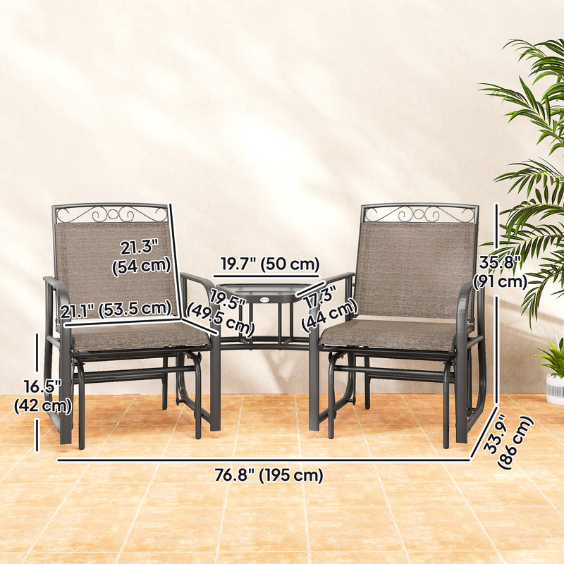 Outsunny - Outdoor Glider Bench with Coffee Table, Patio 2-Seat Rocking Chair Swing Loveseat with Breathable Sling for Backyard Garden Porch, Brown