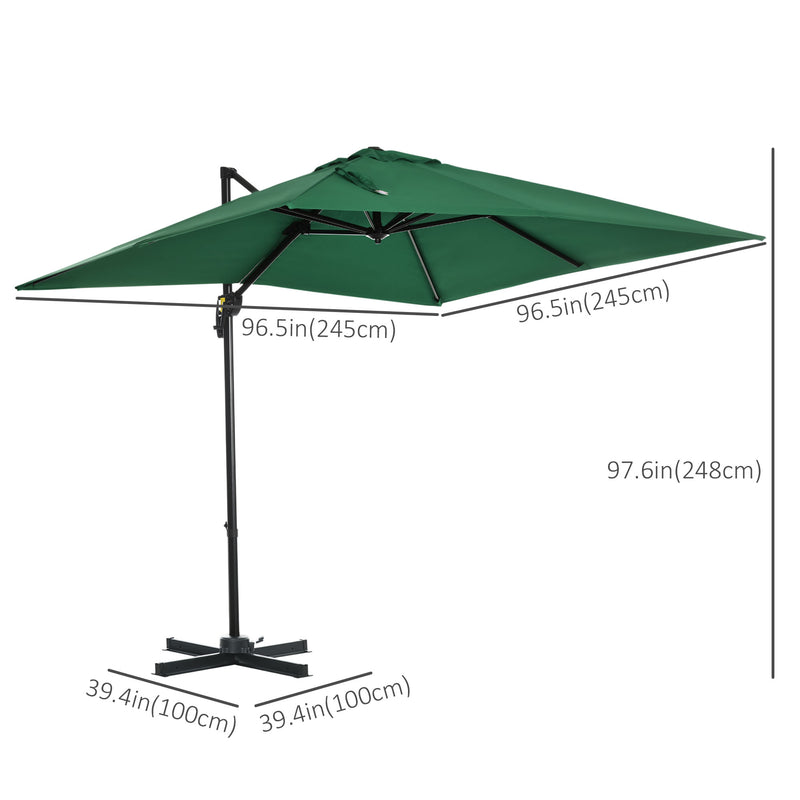 Outsunny - 8' x 8' Square Cantilever Umbrella with 360° Rotation, Aluminum Outdoor Cantilever Market Parasol with Crank & Tilt, Garden Sun Canopy Shelter with Cross Base, Green — 84D-051V00GN
