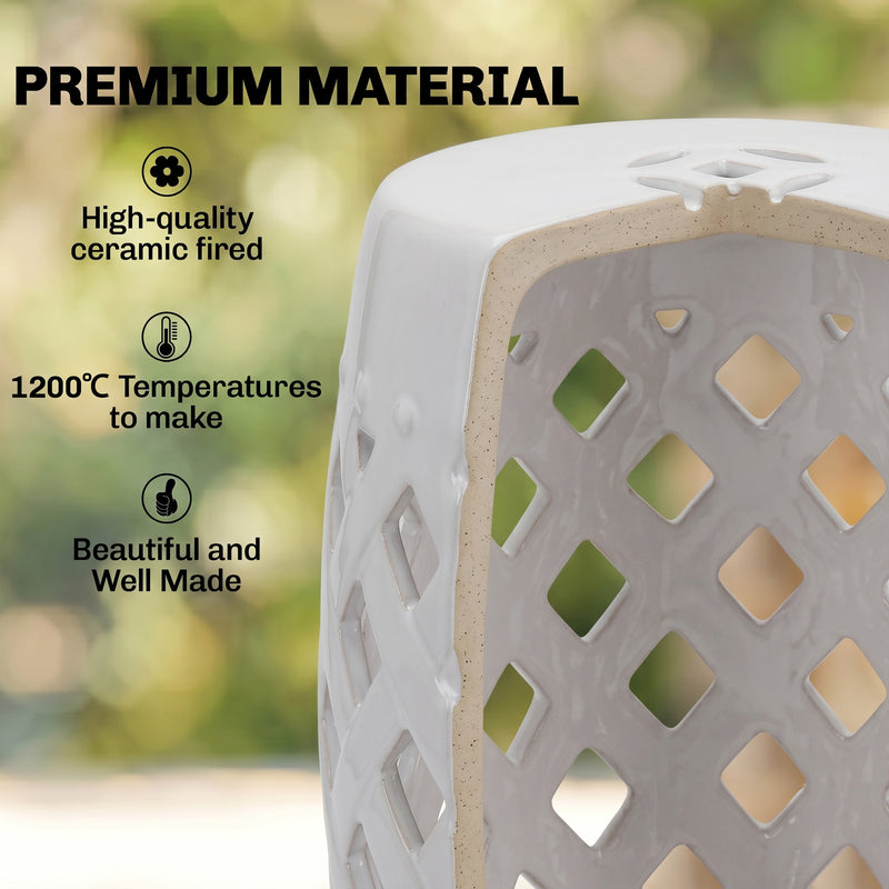 Outsunny - 12.4" x 17.9" Ceramic Garden Stool with Woven Lattice Design, Indoor & Outdoor Decorative Accent Stool, White