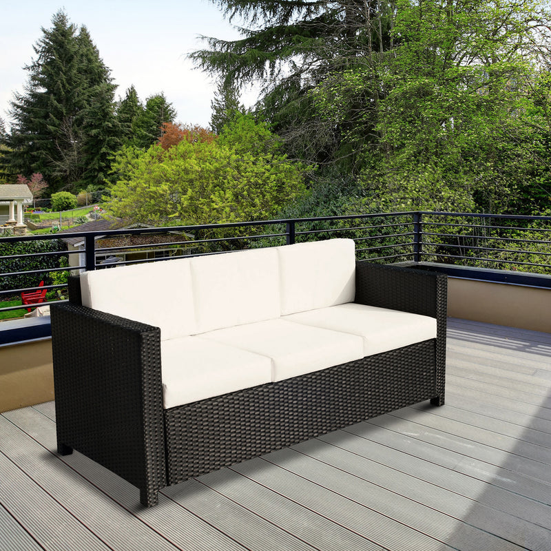 Outsunny - Deluxe 3 Seat Rattan Wicker Sofa Garden Outdoor Patio Furniture with Cushion, Cream White