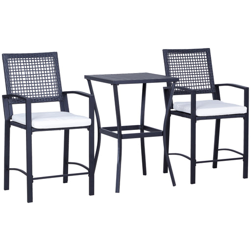 Outsunny - 3 Pieces Outdoor Wicker Bar Set, Classic Bistro Bar Set Garden Rattan Style Patio Bar Table & High Chairs w/ Cushions Home Bar Furniture, Cream White