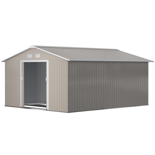 11' x 13' Practical Backyard Garden Storage Tool Shed Double Sliding Door 4 Ventilation Slots, Light Grey