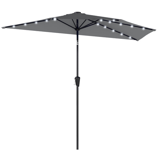 Outsunny - Half Outdoor Patio Umbrella with Solar LED Lights Half Umbrella with Crank 9ft Dark Grey