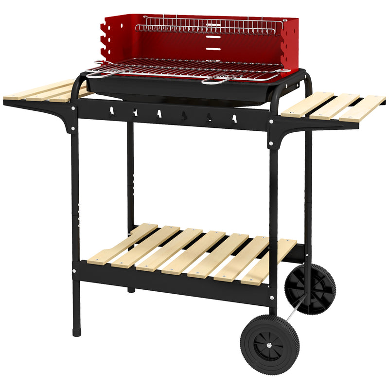 Outsunny - Charcoal Barbecue Grill with Adjustable Grill Height, Portable BBQ Trolley with Ash Catcher and Wheels, Red