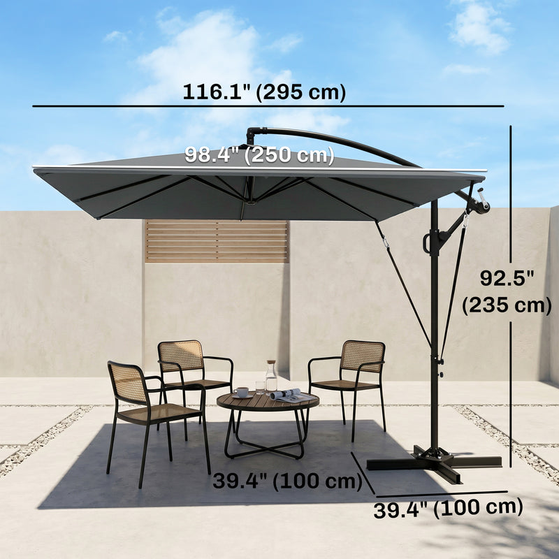 Outsunny - Patio Offset Umbrella UPF 50+ UV Protection, Crank Parasol with Base, Cover & Wind Securing, Grey — 84D-419V00GY
