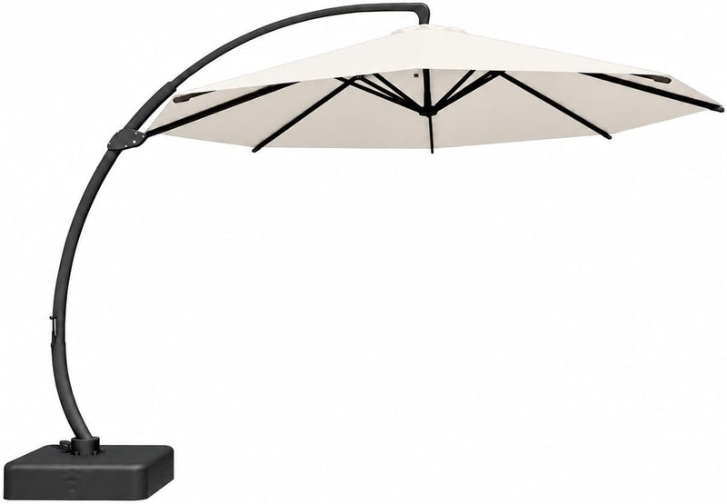 11FT Cantilever Umbrella with Base – Large Curvy Outdoor Aluminum Offset Umbrella with 360° Rotation, UV-Resistant Canopy for Patio, Garden & Backyard (Creamy White)
