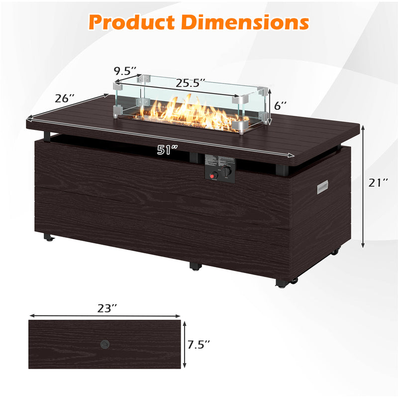 51 Inch Propane Fire Pit Table with Removable Lid-Brown