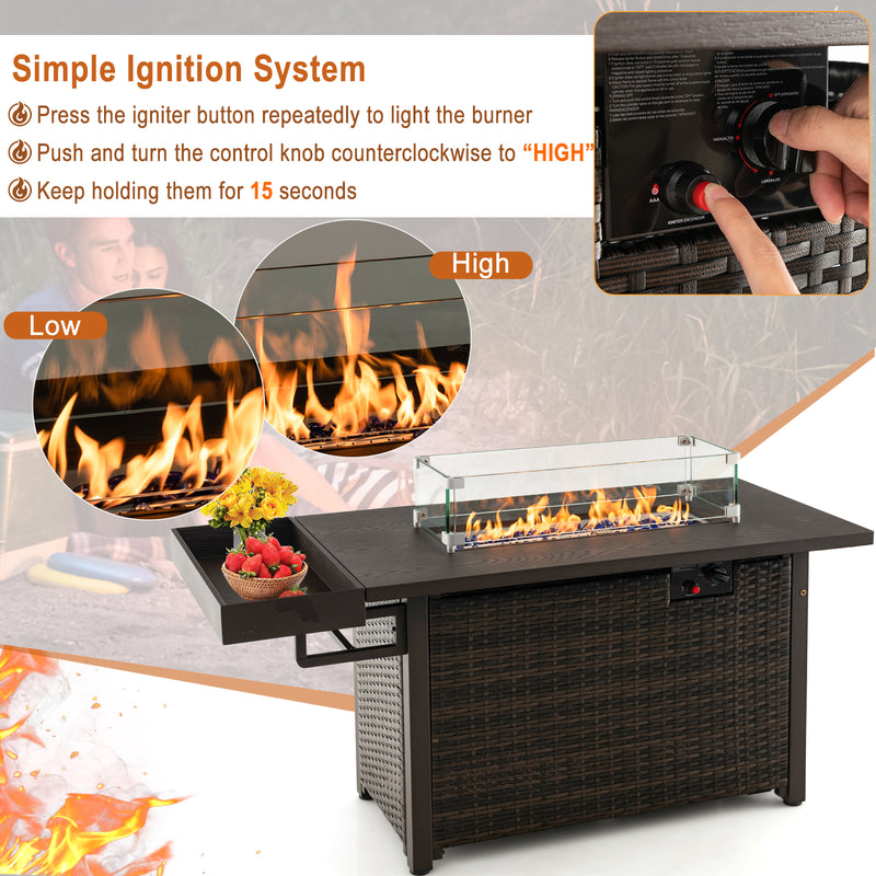 Costway - 52 Inches Outdoor Wicker Gas Fire Pit Propane Fire Table with Cover-Brown