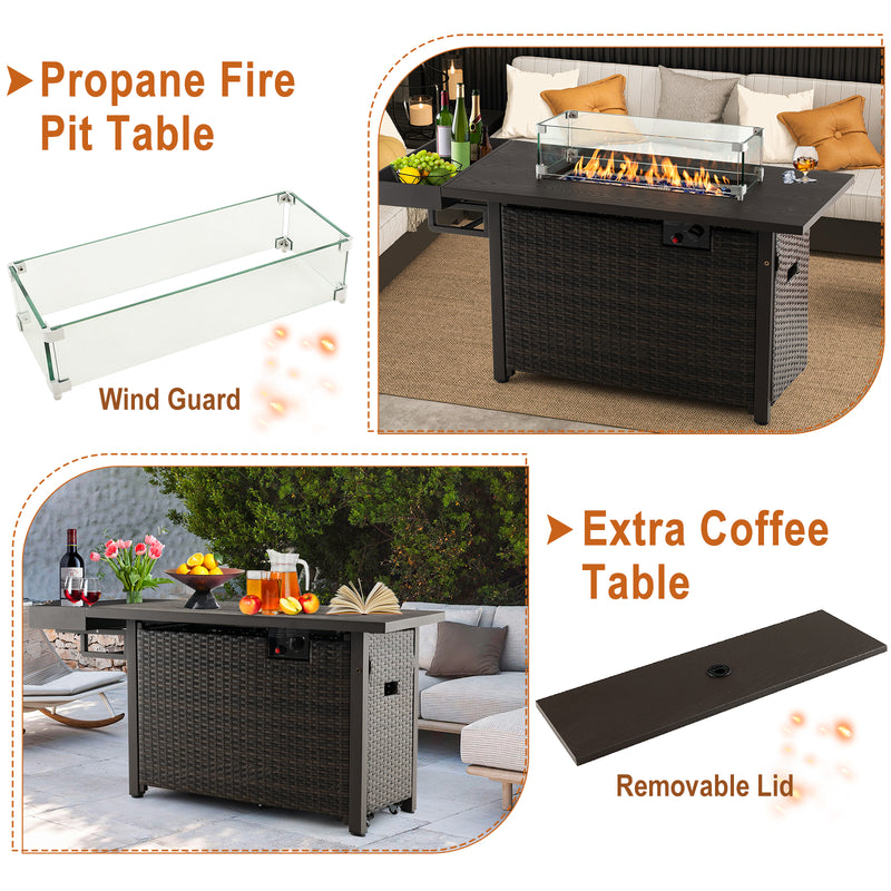 Costway - 52 Inches Outdoor Wicker Gas Fire Pit Propane Fire Table with Cover-Brown