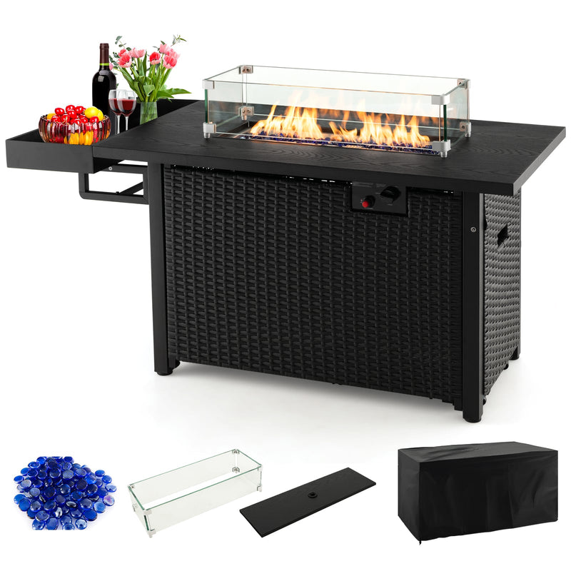 Costway - 52 Inches Outdoor Wicker Gas Fire Pit Propane Fire Table with Cover-Black