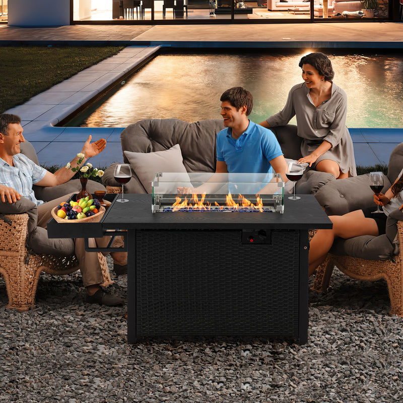 Costway - 52 Inches Outdoor Wicker Gas Fire Pit Propane Fire Table with Cover-Black