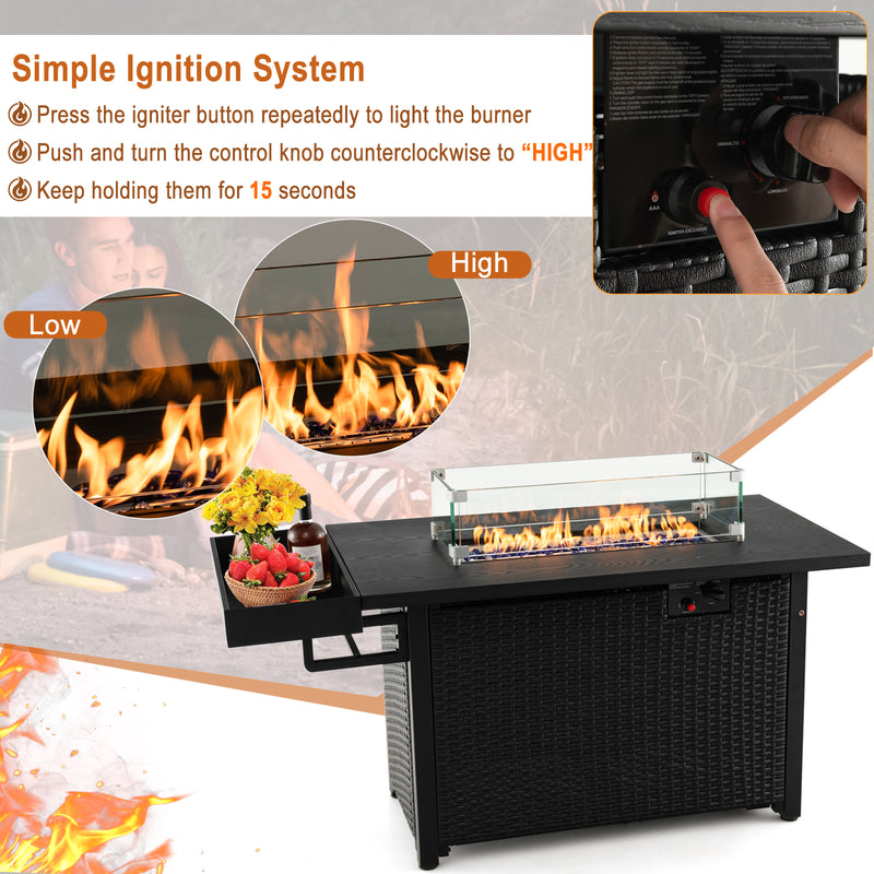 Costway - 52 Inches Outdoor Wicker Gas Fire Pit Propane Fire Table with Cover-Black