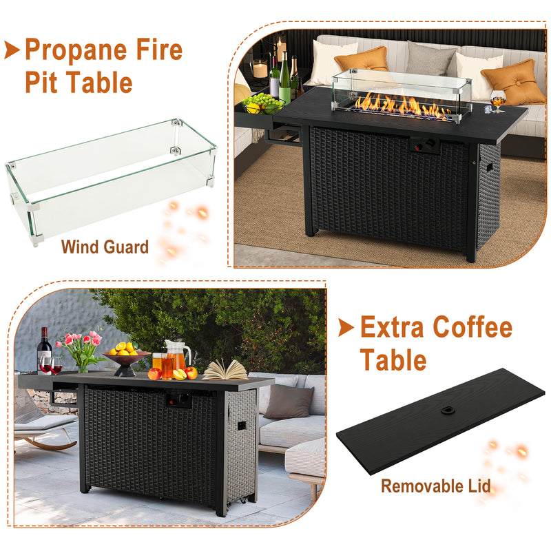 Costway - 52 Inches Outdoor Wicker Gas Fire Pit Propane Fire Table with Cover-Black