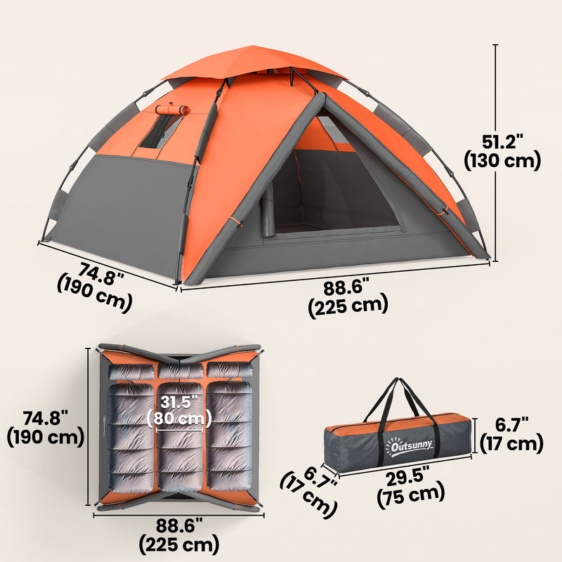 Outsunny - Pop up Camping Tent, 3-4 Man Family Tent, 3000mm Waterproof, with Carry Bag and Top Hook, Dark Grey and Orange