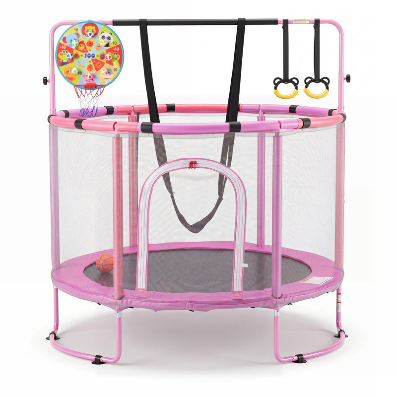 Costway - 55" Trampoline for Kids with Adjustable Gymnastics Bar and Basketball Hoop for 3+-Purple