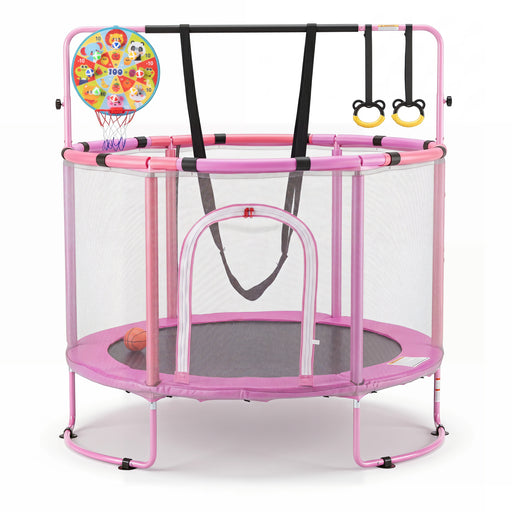Costway - 55" Trampoline for Kids with Adjustable Gymnastics Bar and Basketball Hoop for 3+-Purple