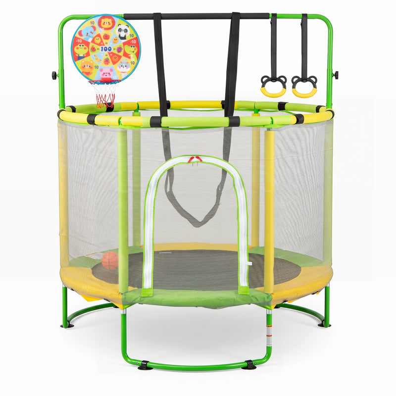 Costway - 55" Trampoline for Kids with Adjustable Gymnastics Bar and Basketball Hoop for 3+-Yellow