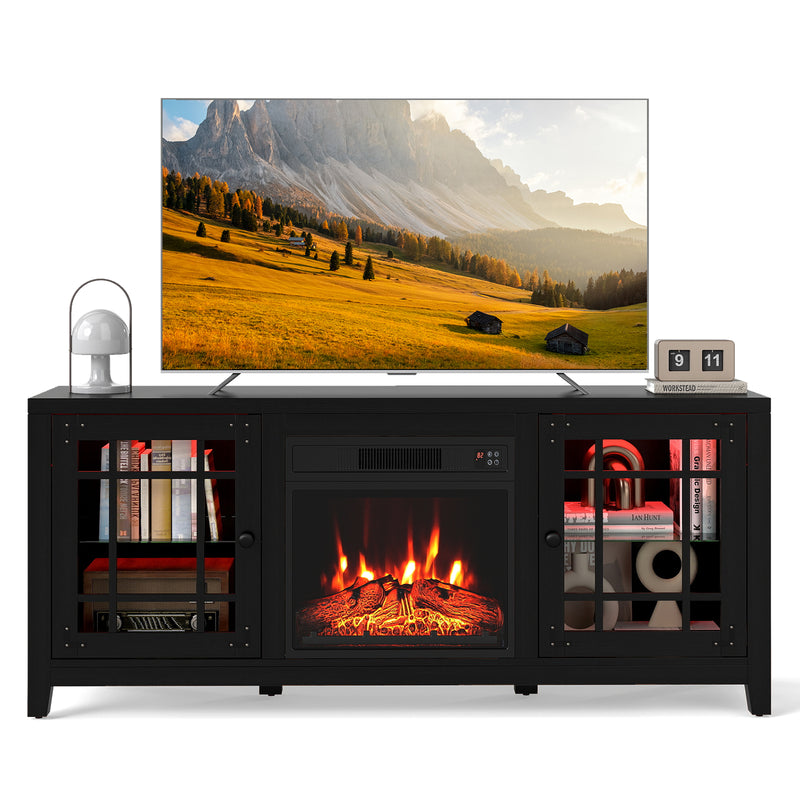 Costway - 58" Fireplace TV Stand with LED Lights and 18" Electric Fireplace-Black