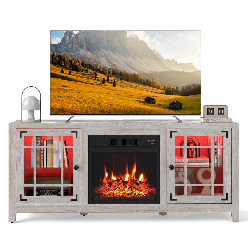 Costway - 58" Fireplace TV Stand with LED Lights and 18" Electric Fireplace-Natural