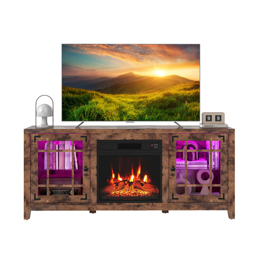 Costway - 58" Fireplace TV Stand with LED Lights and 18" Electric Fireplace-Rustic Brown