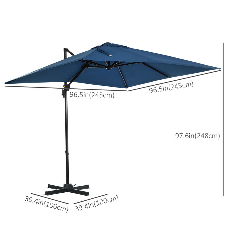 Outsunny - 8' x 8' Square Patio Hanging Offset Umbrella with 360° Rotation, Aluminum Outdoor Cantilever Parasol with Crank & Tilt, Sun Canopy Shelter with Cross Base, Dark Blue — 84D-051V00DB