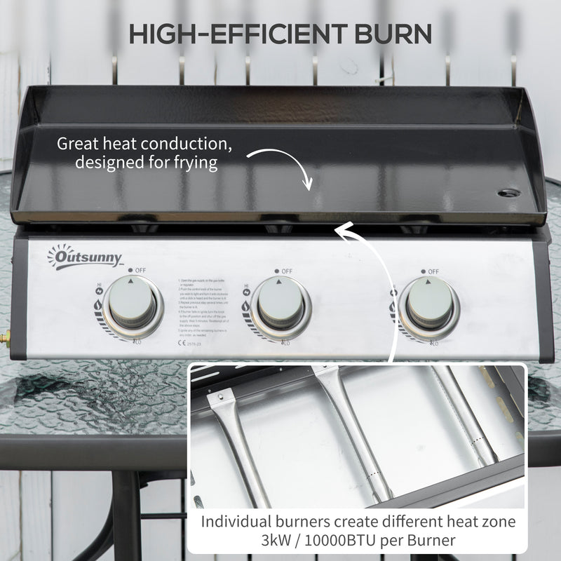 Outsunny - 3 Burner Liquefied Gas Grill, Portable Tabletop BBQ Grill, for Camping, Picnic, Silver