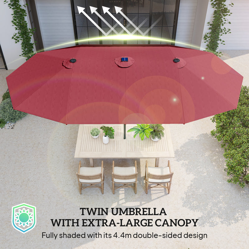 Outsunny - 173.2" Double-Sided Sun Umbrella Garden Parasol Patio Sun Shade Outdoor with LED Solar Light, No Base Included, Wine Red — 84D-106WR