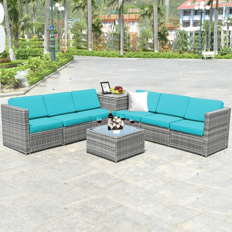 Costway - 8 Piece Wicker Sofa Rattan Dinning Set Patio Furniture with Storage Table-Turquoise