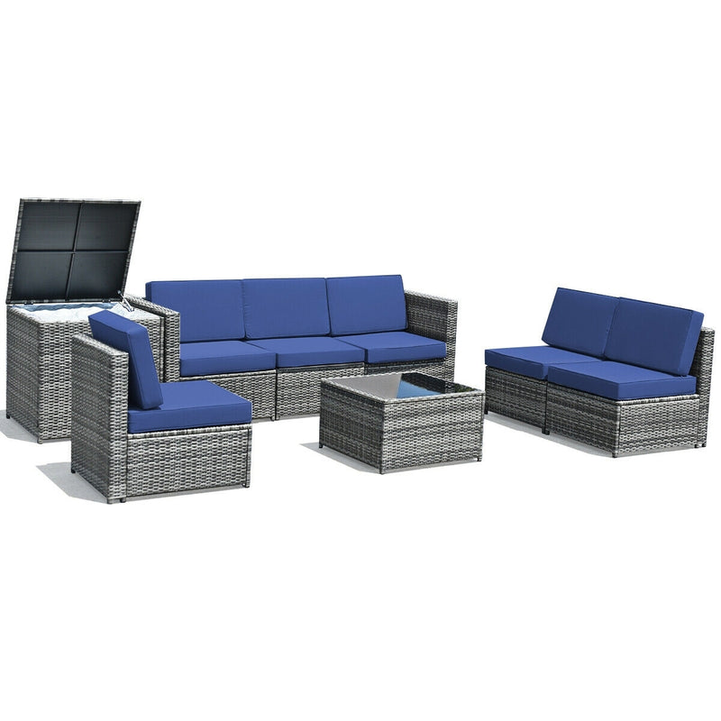 Costway - 8 Piece Wicker Sofa Rattan Dinning Set Patio Furniture with Storage Table-Navy