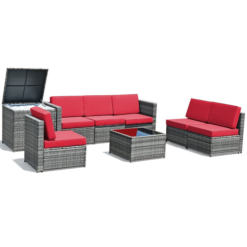 Costway - 8 Piece Wicker Sofa Rattan Dinning Set Patio Furniture with Storage Table-Red