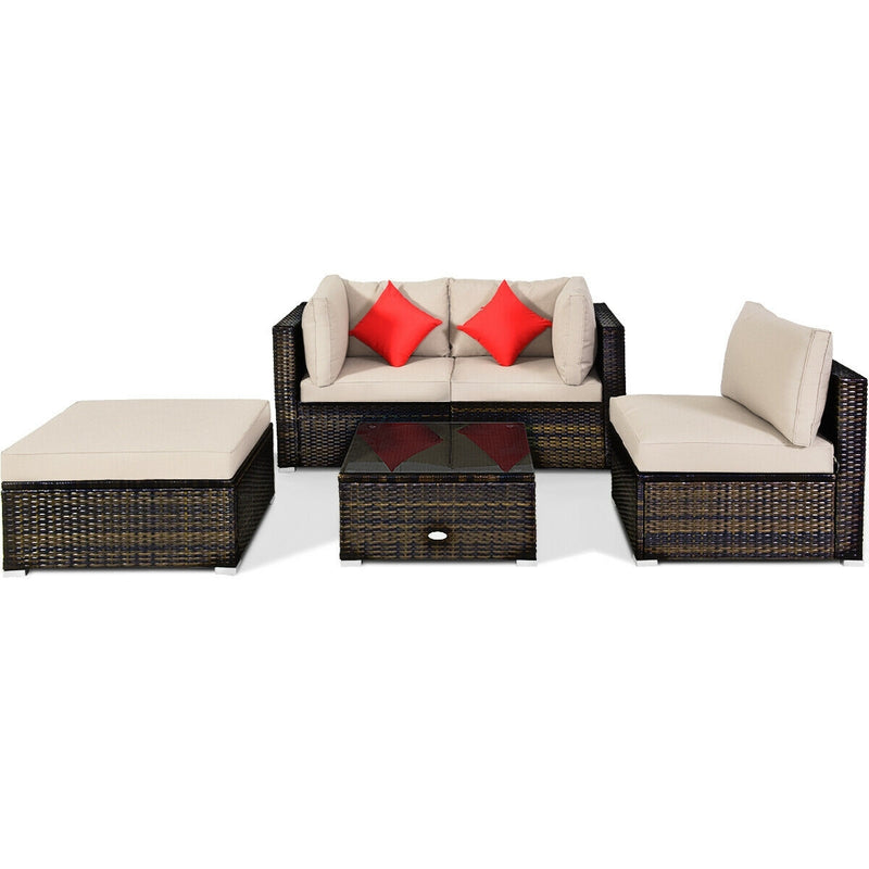 Costway - 5 Pieces Outdoor Patio Rattan Furniture Set Sectional Conversation with Cushions-Beige