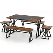 Costway - 5-Piece Dining Room Set Industrial Rectangular Kitchen Table with 2 Benches and 2 Stools-Rustic Brown