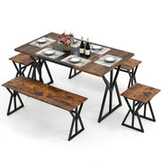 Costway - 5-Piece Dining Room Set Industrial Rectangular Kitchen Table with 2 Benches and 2 Stools-Rustic Brown