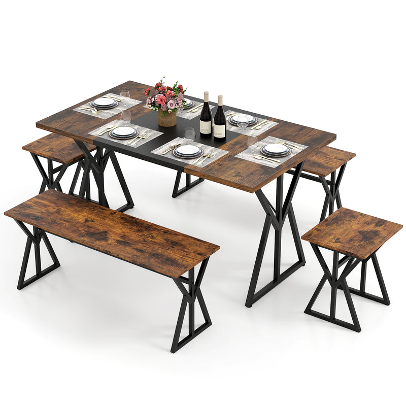 Costway - 5-Piece Dining Room Set Industrial Rectangular Kitchen Table with 2 Benches and 2 Stools-Rustic Brown