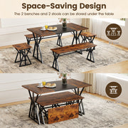 Costway - 5-Piece Dining Room Set Industrial Rectangular Kitchen Table with 2 Benches and 2 Stools-Rustic Brown