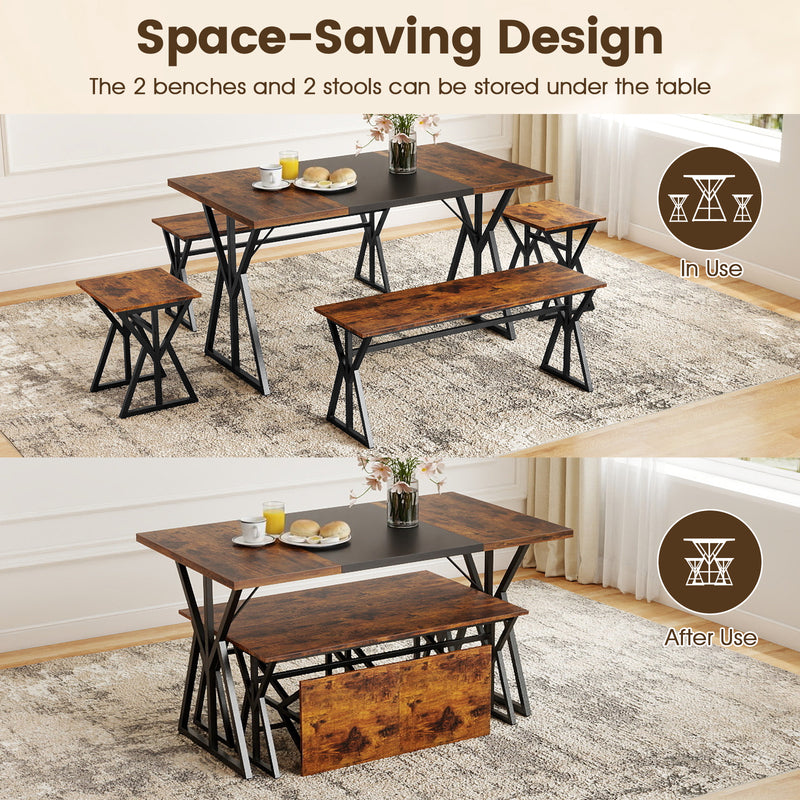 Costway - 5-Piece Dining Room Set Industrial Rectangular Kitchen Table with 2 Benches and 2 Stools-Rustic Brown