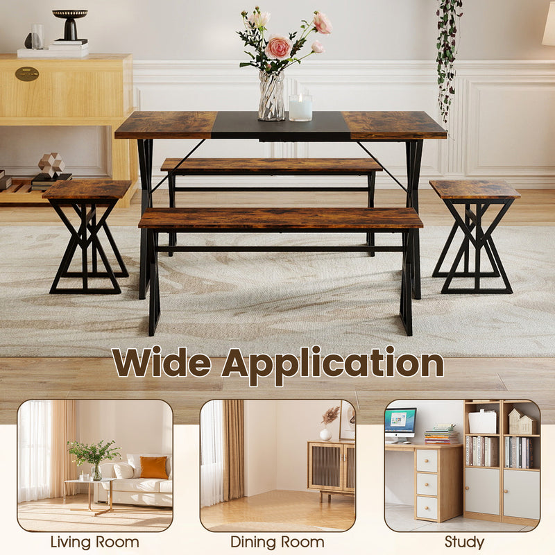 Costway - 5-Piece Dining Room Set Industrial Rectangular Kitchen Table with 2 Benches and 2 Stools-Rustic Brown